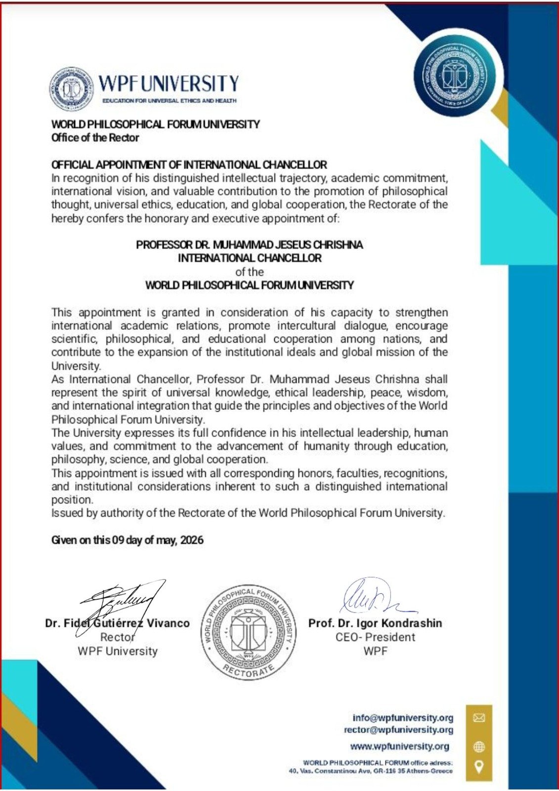 Official Appointment - International Chancellor, WPF University